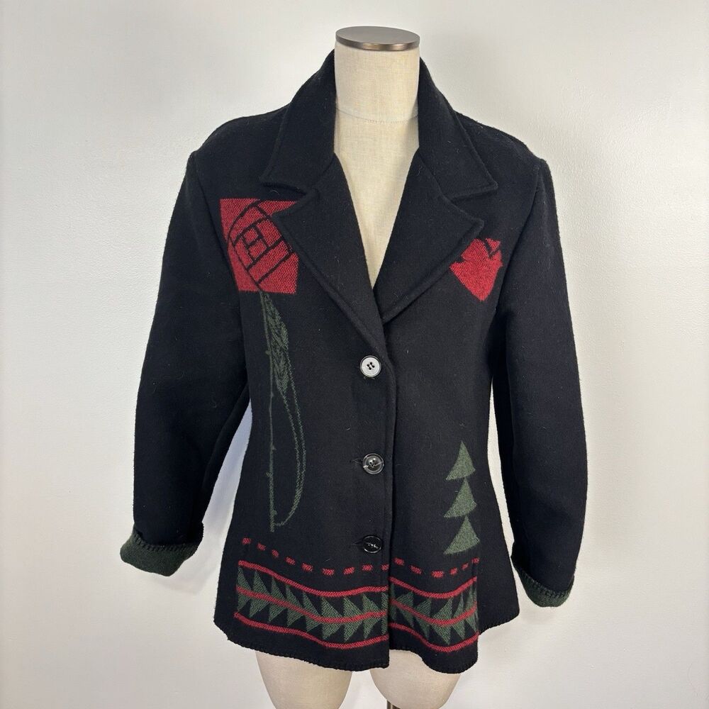 Vintage Wooded River Blanket Jacket M Wool Blend Rose Southwest Aztec Idaho USA